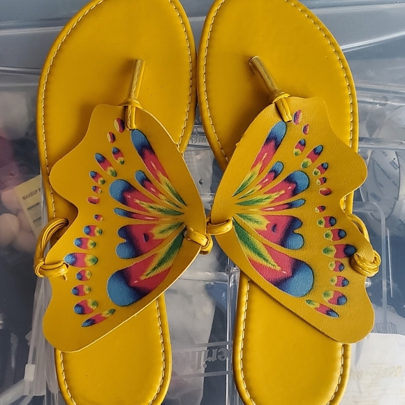 Shoes - Vibrant Yellow Sandals with Colorful Butterfly Design